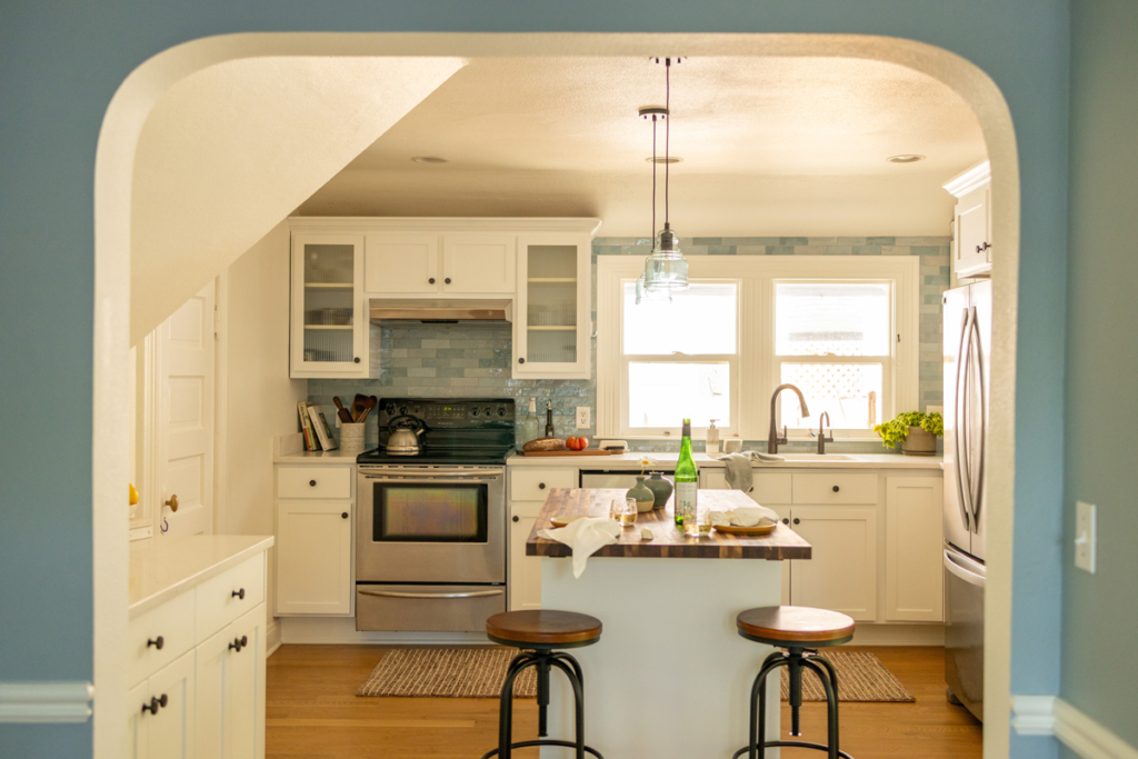 Remodeled kitchen with Zero-VOC paints, water based floor finishes, and ceramic tiles were selected to support a healthier indoor environment