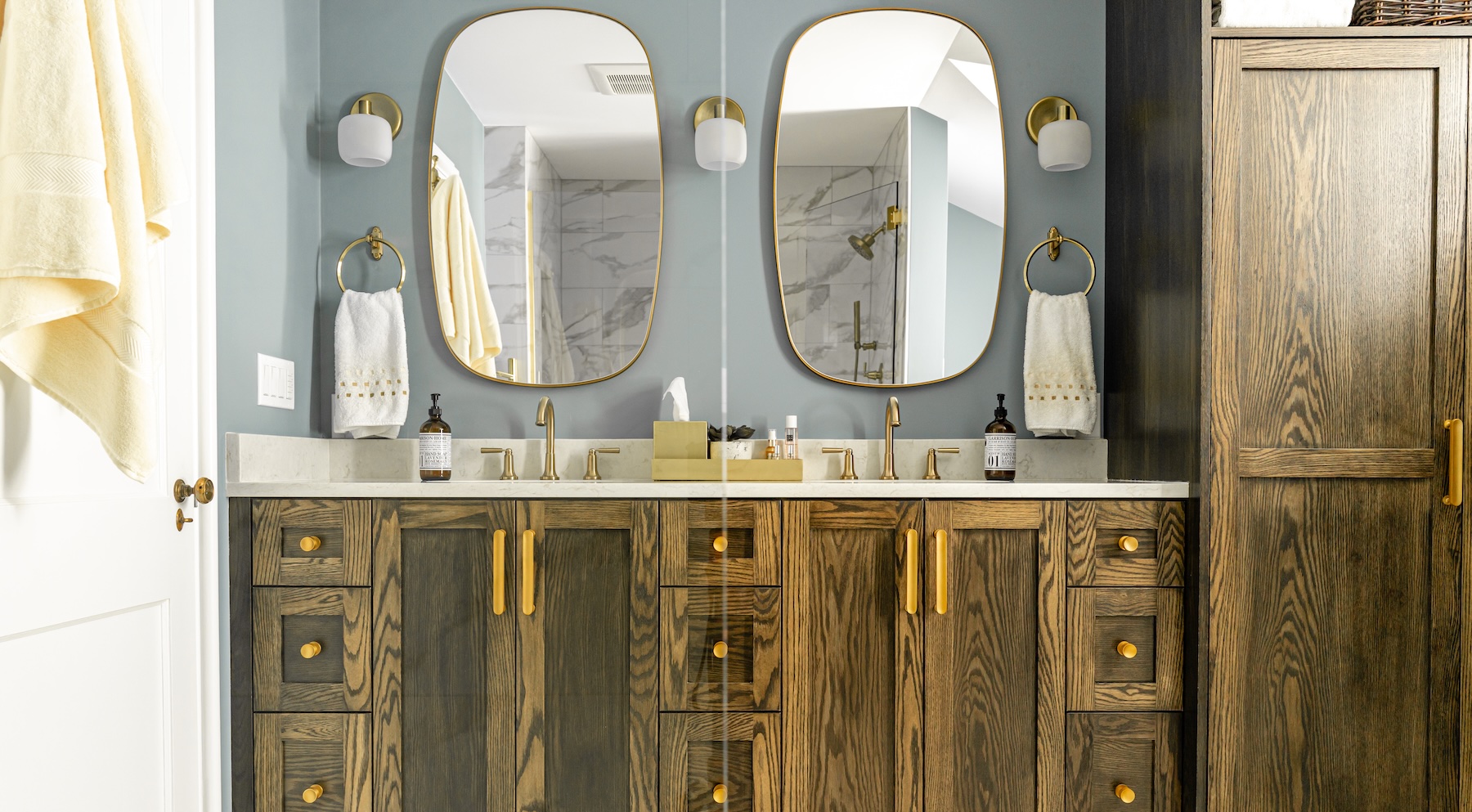 Crystal Springs vanity with dual mirrors and custom cabinet, layout, and lighting